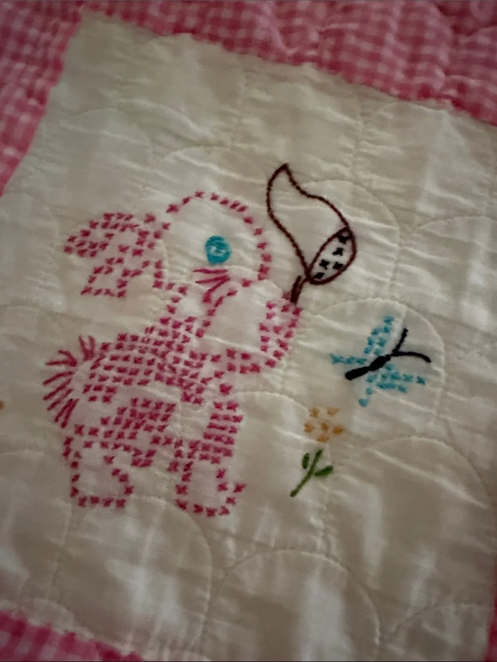 Pink and White Embroidered Baby Quilt - Cute Animal Patchwork handmade vintage